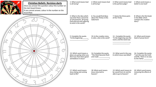 AQA Christian Beliefs Revision darts worksheet
