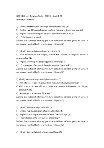 Edexcel IGCSE Religious Studies 2019 2.4-28 exam style questions