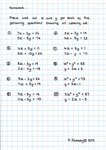 TMA - Solving Simultaneous Equations Homework and ANSWERS
