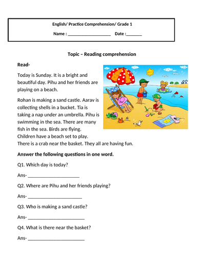 Reading Comprehension for grade 1