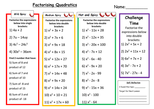 Factorising Quadratics Differentiated Worksheet with Answers