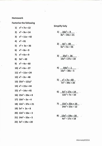 TMA - Factorising Quadratics and Simplifying Algebraic Fractions Homework and ANSWERS
