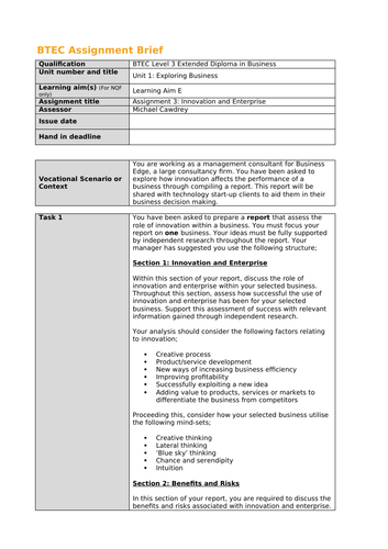 Btec Level 3 Business Unit 1 Exploring Business Assignment Brief Pack Teaching Resources