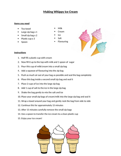 Making Whippy Ice Cream Instructions No Freezer Needed Teaching Resources