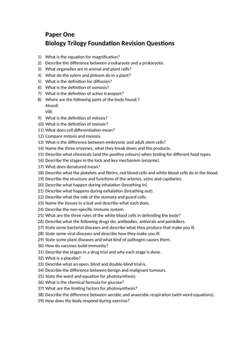 AQA Trilogy Foundation Revision Questions