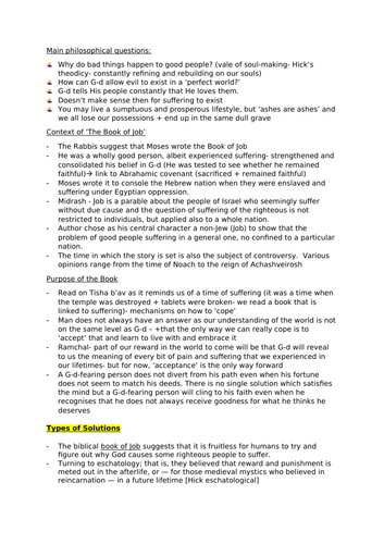 OCR A Level RS- Jewish thought (suffering and hope notes for The Book of Job)