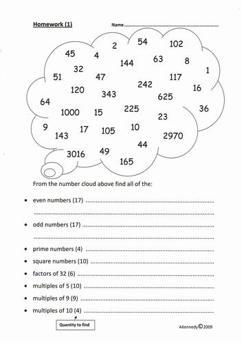 TMA - Recognising Numbers: Even, Odd, Prime, Square, Factors and Multiples Homework 1 and ANSWERS