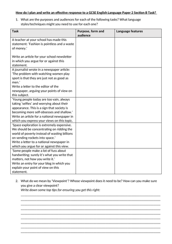 Aqa Gcse English Language Paper 2 Section B Planning Responses And Varying Sentences Teaching Resources