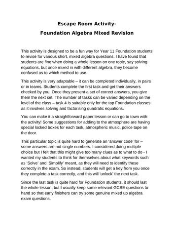 Foundation Algebra revision Escape Room