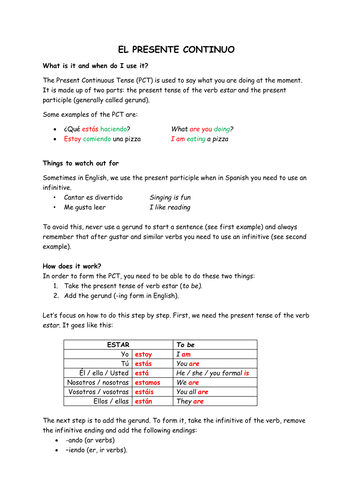 Spanish KS4 - The present continuous tense - Booklet with info and activities