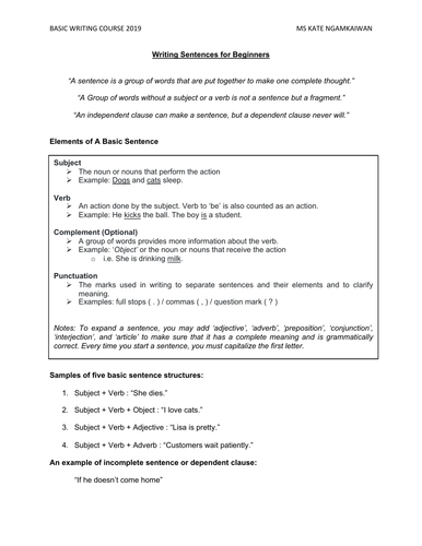 Basic Writing: Sentence Formation