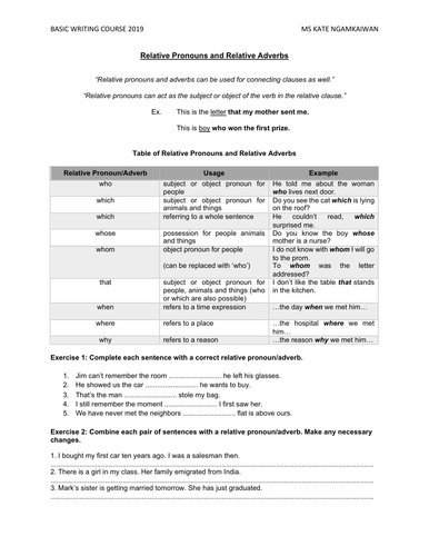 Basic Writing: Relative Pronouns and Relative Adverbs