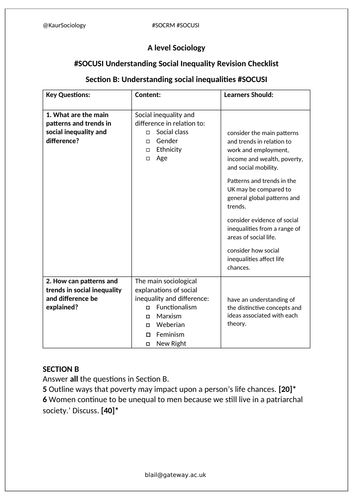 OCR A level Sociology #SOCUSI Understanding Social Inequality  Revision and Folder Checklist