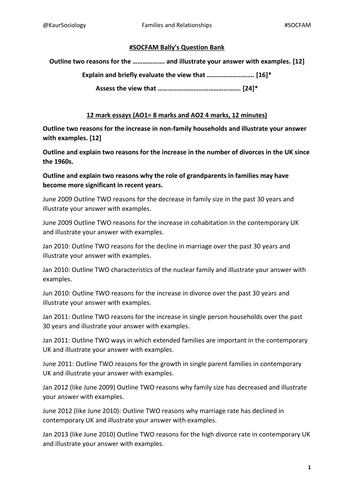 OCR Sociology #SOCFAM Full Question Bank Families