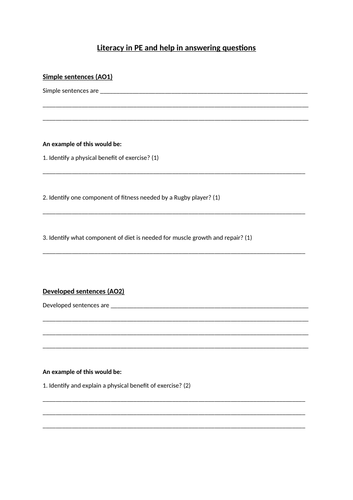 Literacy lesson for GCSE OCR PE