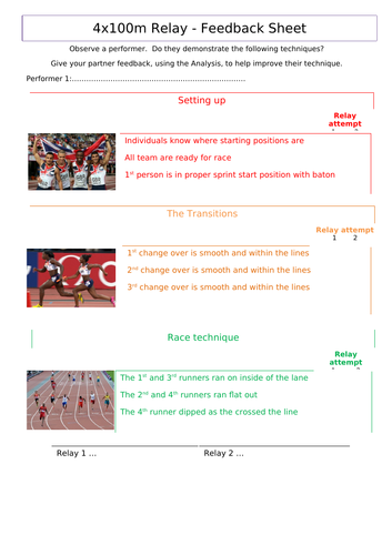 4x100m Relay Feedback Sheet