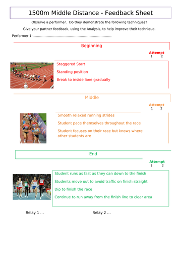 Middle Distance (800m-1500m) Athletics Sheets