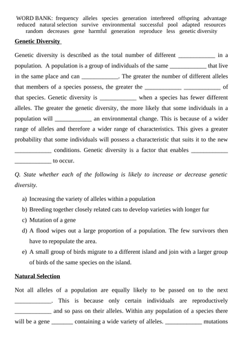 Natural Selection Gap Fill Activity