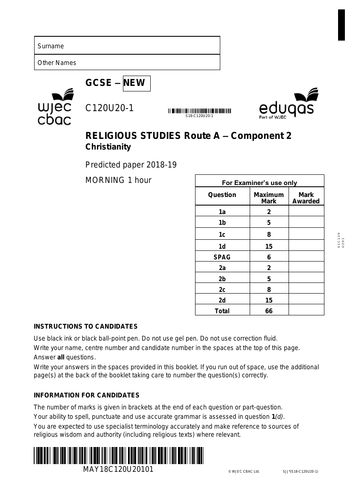 Eduqas GCSE Religious Studies Christianity Predicted Paper 2019 (Past Paper Style) + Mark Scheme