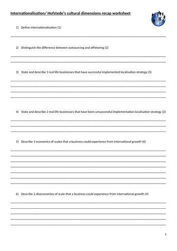 Internationalisation / Hofstede recap  worksheet