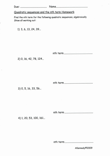 TMA - Quadratic Sequences and the nth Term Homework 1 and ANSWERS