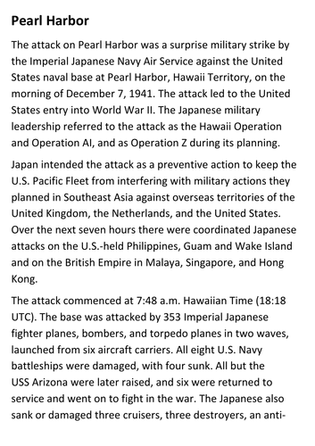 The Attack on Pearl Harbor Handout