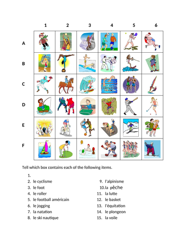 Sports in French Find it Worksheet