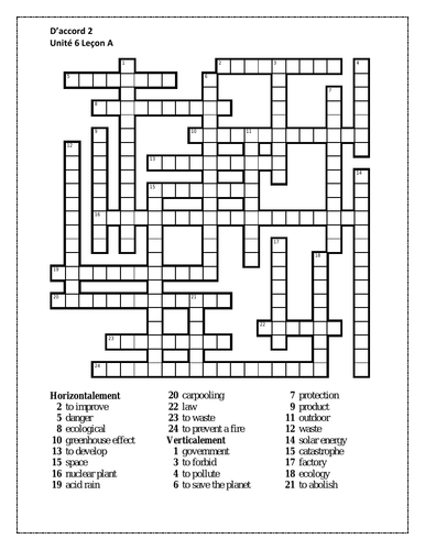 D #39 accord 2 Unité 6 Leçon A Crossword Teaching Resources