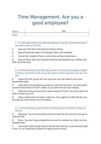 Questionnaire: preparing for work experience/ work; time management.