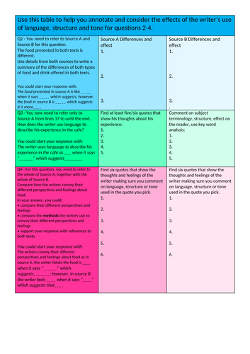 English Language Paper 2 GCSE with help grid