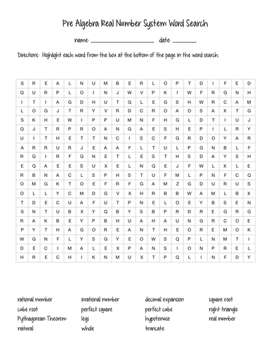 Real Number System Word Search
