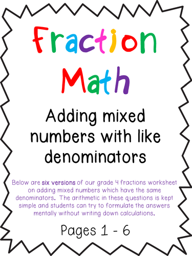 Adding Mixed Numbers Like Denominators Fractions Worksheets