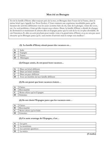 French - GCSE - reading practice - les vacances - holidays - HIGHER