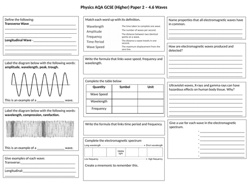 Waves A3 Revision Sheets Answers Aqa Gcse Physics Teaching Resources 8569