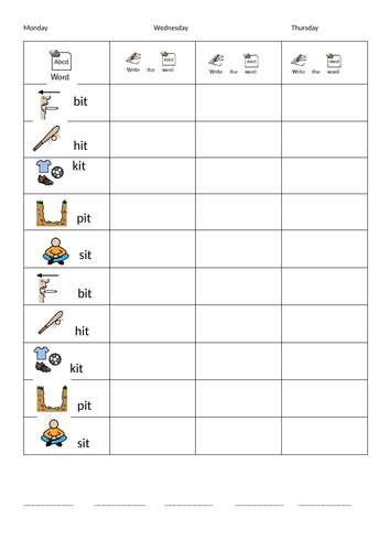 CVC spellings worksheets- 5 weeks, ASD, PECs