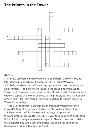 The Princes in the Tower Crossword