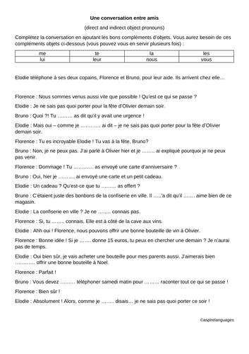 'Une conversation entre amis' - Activity to practise direct and indirect object pronouns