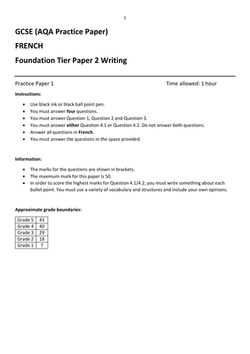 French GCSE AQA Practice Writing Papers (Foundation Tier) with mark schemes & exemplar answers