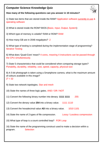 computer science gcse 9 1 20 question quiz teaching resources