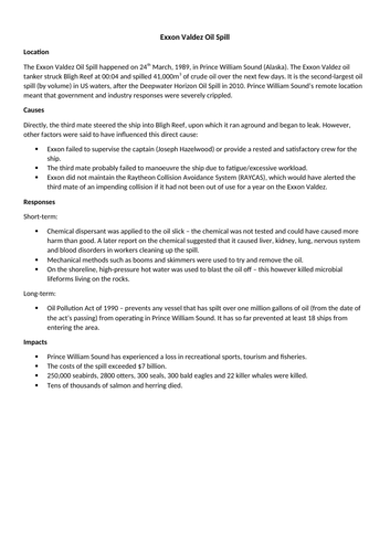 GCSE Geography Exxon Valdez Oil Spill case study