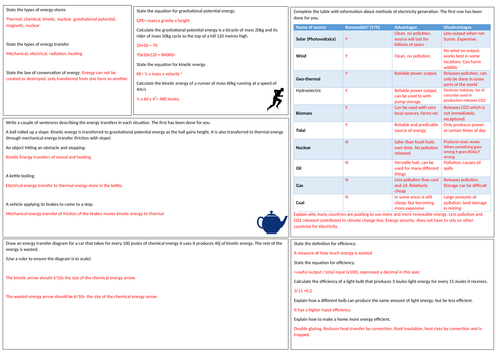 GCSE Physics  energy  revision mat EDEXCEL