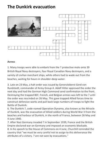 The Dunkirk evacuation Crossword Teaching Resources