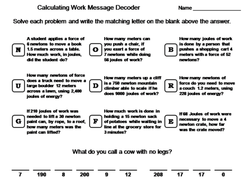 Calculating Work Word Problems: Physics Message Decoder Science