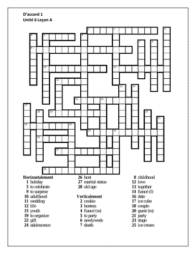 D #39 accord 1 Unité 6 Leçon A Crossword Teaching Resources