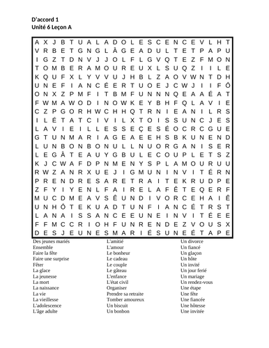 D'accord 1 Unité 6 Leçon A Wordsearch