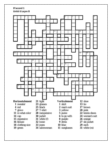 D'accord 1 Unité 6 Leçon B Crossword