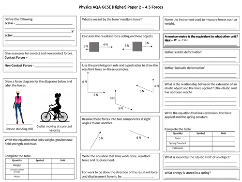 Forces A3 Revision Sheets + Answers (AQA GCSE Physics )