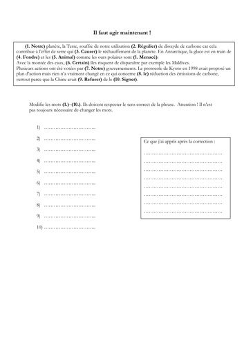 French - iGCSE - gap fill - (exam style question) - environnement