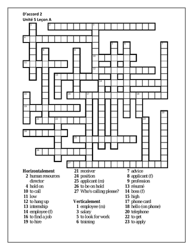 D'accord 2 Unité 5 Leçon A Crossword