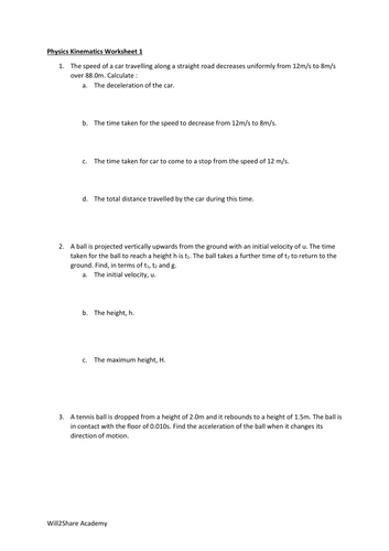 A Levels Physics : Kinematics (Linear Motion) Worksheet and Detailed Answer